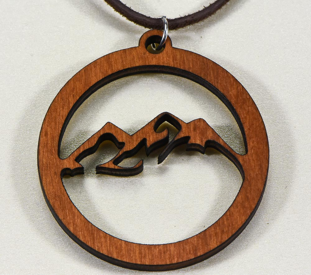 Laser Engraved Necklace "Mountain Scene" Birch Wood w/ 30 in. Leather Strap