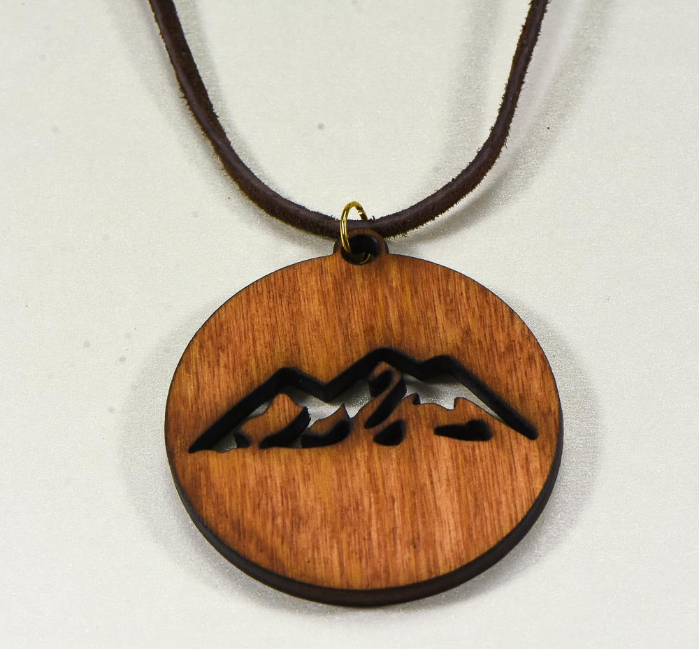 Laser Engraved Necklace "Mountain Scene" Birch Wood w/ 30 in. Leather Strap